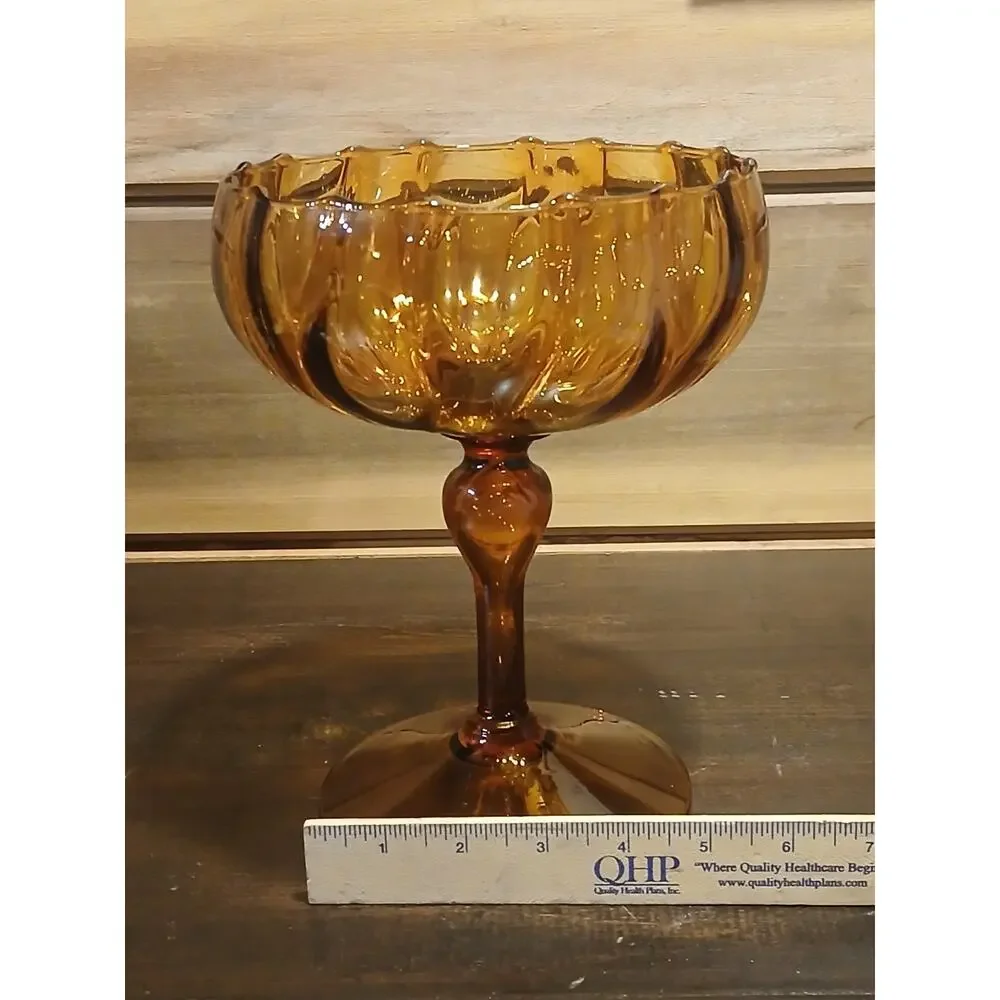VTG Italian Empoli Amber Optic Glass Compote MCM Hand-Blown, Polished Pontil